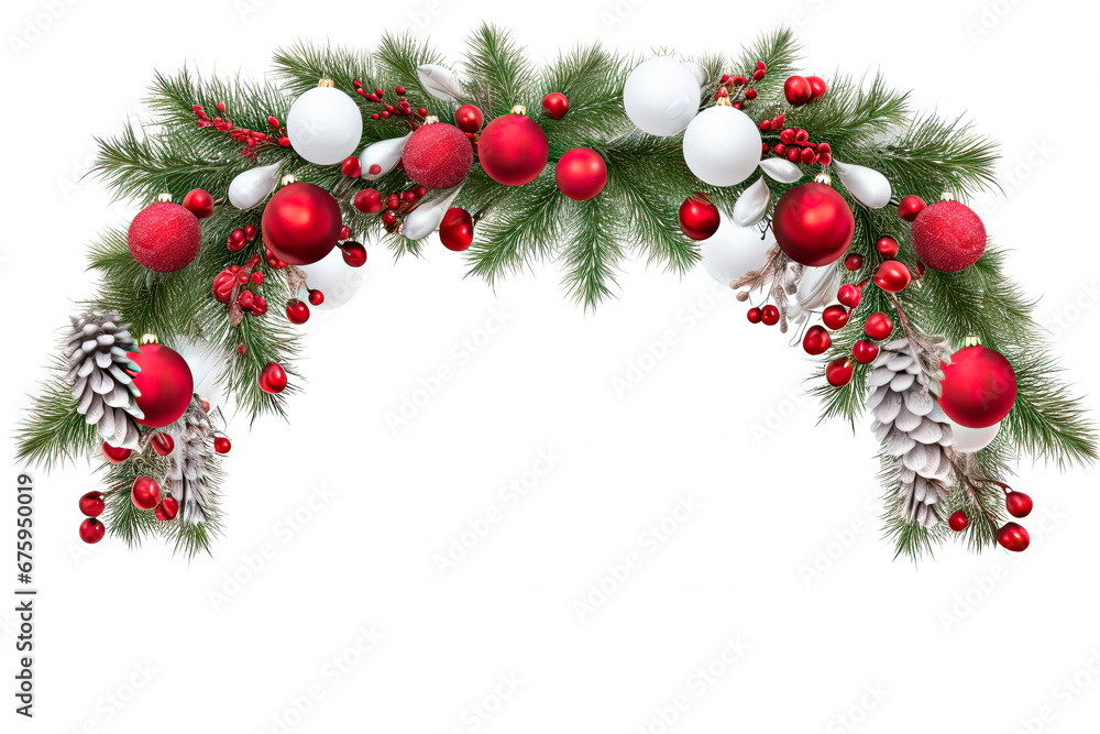 Christmas arch design with fresh fir branches and decorations in red and silver - obrazy, fototapety, plakaty 