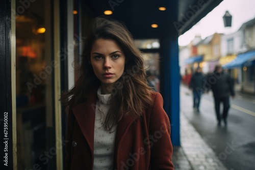 Portrait of a beautiful young woman in a red coat in the city