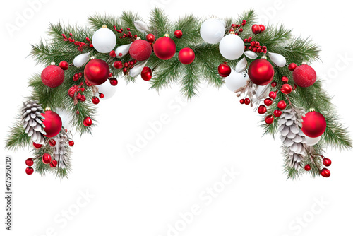 Christmas arch design with fresh fir branches and decorations in red and silver