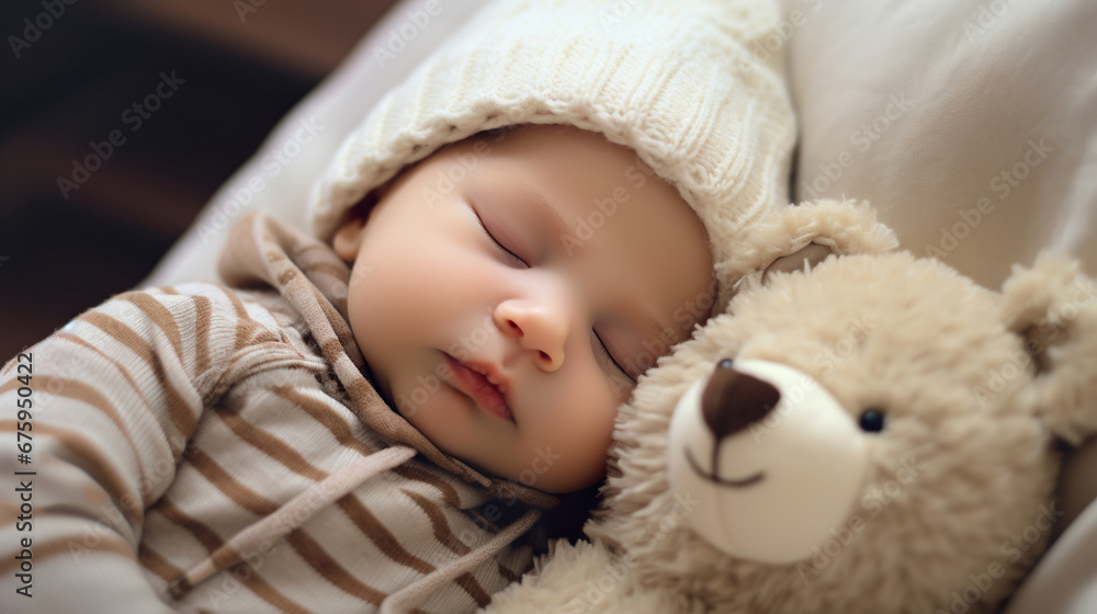 cute small newborn baby toddler sleeping in soft light bed, adorable new born kid sleep and dream with teddy bear toy cute small newborn baby toddler sleeping in soft light bed, adorable new born kid sleep and dream with teddy bear toy