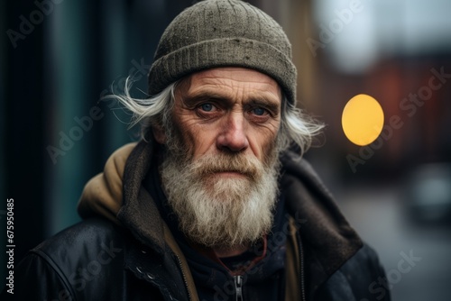 Portrait of an old man with a gray beard and mustache on a city street