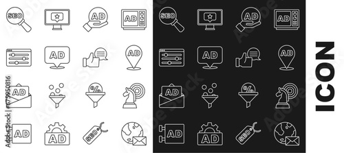 Set line Earth globe with mail, Chess, Advertising, Browser setting, SEO optimization and Customer product rating icon. Vector