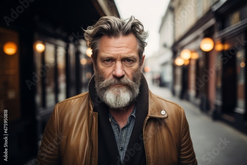 Portrait of a senior man with gray beard in a city street.