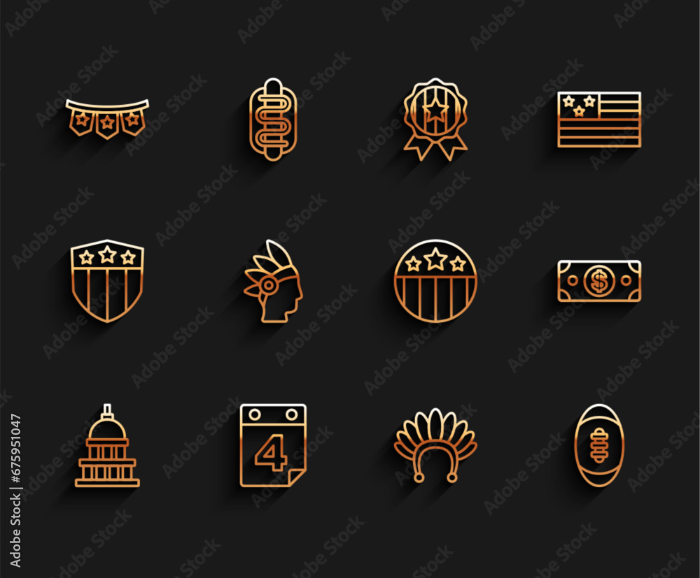 Set line White House Calendar with date July 4 Carnival garland flags Set line White House Calendar with date July 4 Carnival garland flags