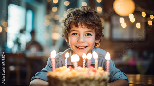 cute curly kid have birthday party and making a wish with birthday cake, small boy blowing candles 