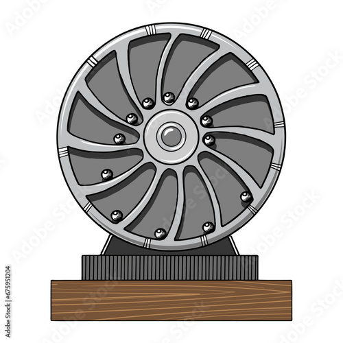 Mechanical perpetual motion machine engraving sketch style hand drawn color vector illustration. Scratch board style imitation. Hand drawn image.