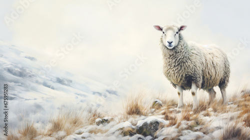 A minimalist watercolor painting with a sheep in winter style