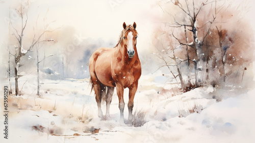 A minimalist watercolor painting with a horse in winter style photo