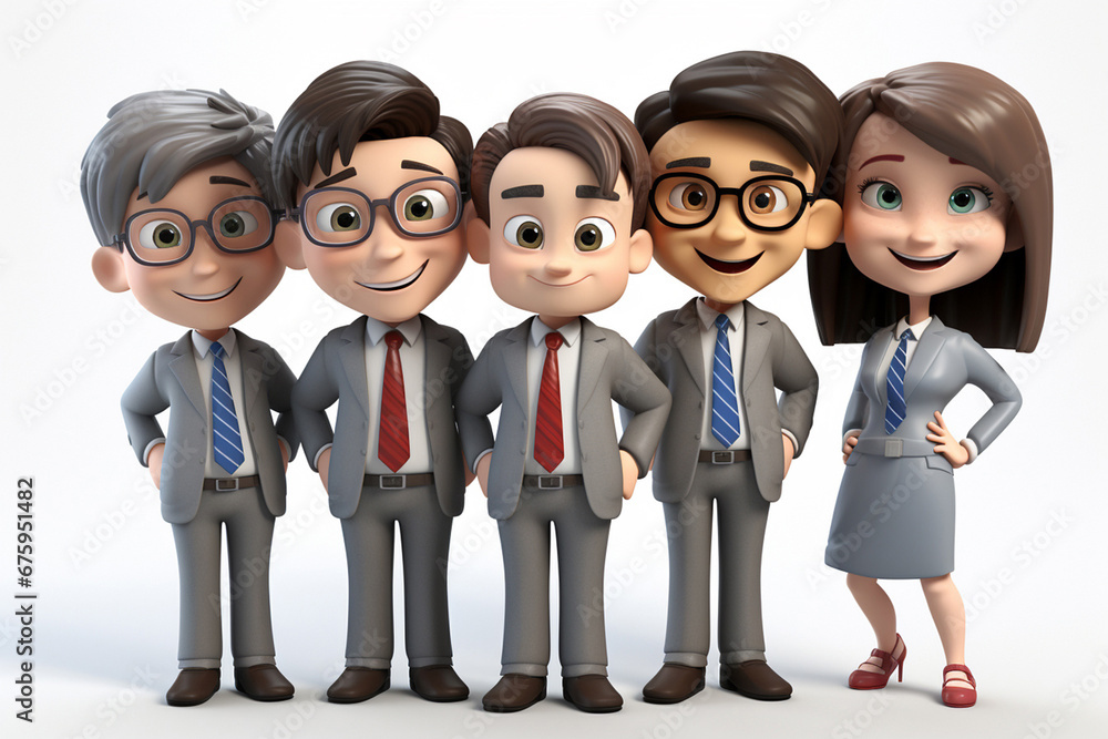 3D cartoon businesspeople team stands in front of a white background, dressed in professional business suits. Generative AI. 3D cartoon businesspeople team stands in front of a white background, dressed in professional business suits. Generative AI.