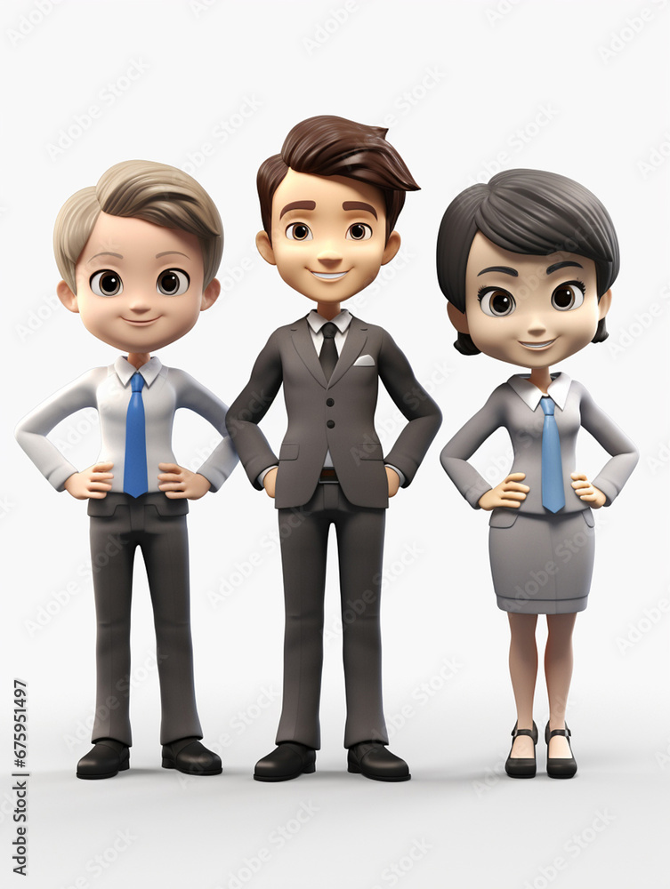 3D cartoon businesspeople team stands in front of a white background, dressed in professional business suits. Generative AI. 3D cartoon businesspeople team stands in front of a white background, dressed in professional business suits. Generative AI.