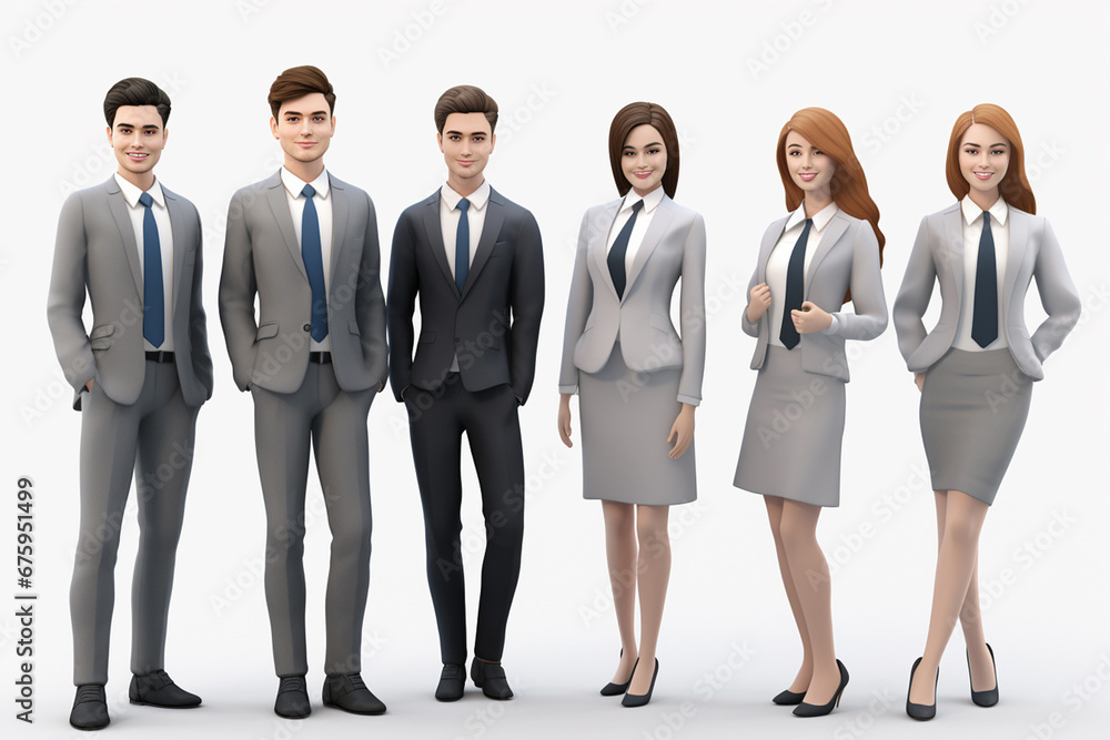 3D cartoon businesspeople team stands in front of a white background, dressed in professional business suits. Generative AI. 3D cartoon businesspeople team stands in front of a white background, dressed in professional business suits. Generative AI.