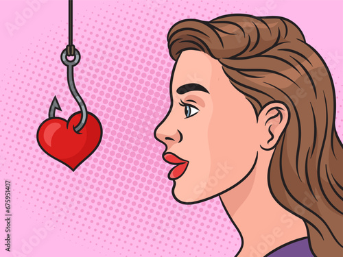 Woman is caught on heart shaped bait love metaphor pinup pop art retro hand drawn vector illustration. Comic book style imitation.