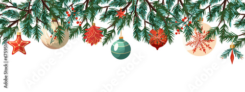 Vector seamless background with Christmas tree decorations and fur tree branch