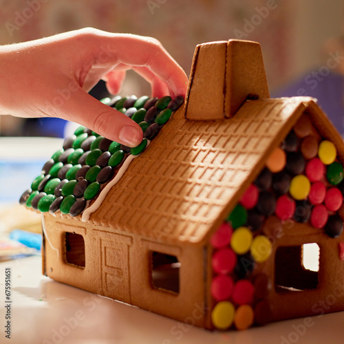 A hand of a kid putting candy on a gingerbread house with frosting.