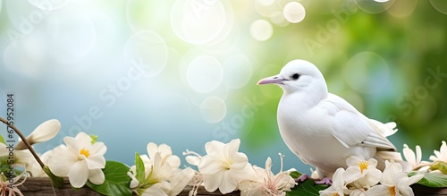 In the beautiful spring background surrounded by lush greenery and vibrant tropical flowers a cute white bird with delicate feathers poses for a portrait showcasing the natural beauty and w photo