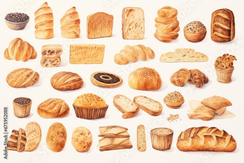 Bread, Cookies, sweets, pastries knolling, from above view, watercolor style