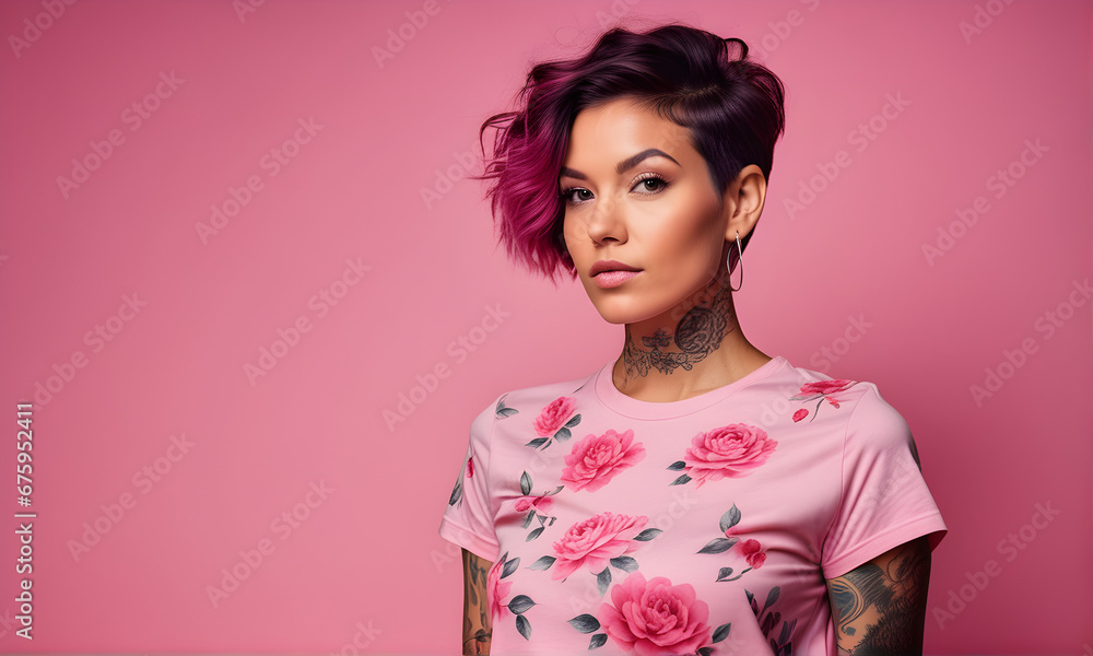 Beautiful woman posing for photo in studio in pink, october women's color concept Beautiful woman posing for photo in studio in pink, october women's color concept