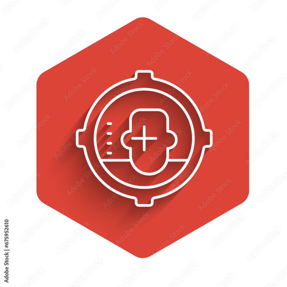 White line Headshot icon isolated with long shadow. Sniper and marksman is shooting on the head of man, lethal attack, assault and assassination. Red hexagon button. Vector White line Headshot icon isolated with long shadow. Sniper and marksman is shooting on the head of man, lethal attack, assault and assassination. Red hexagon button. Vector