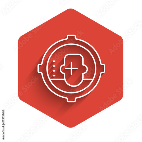 White line Headshot icon isolated with long shadow. Sniper and marksman is shooting on the head of man, lethal attack, assault and assassination. Red hexagon button. Vector
