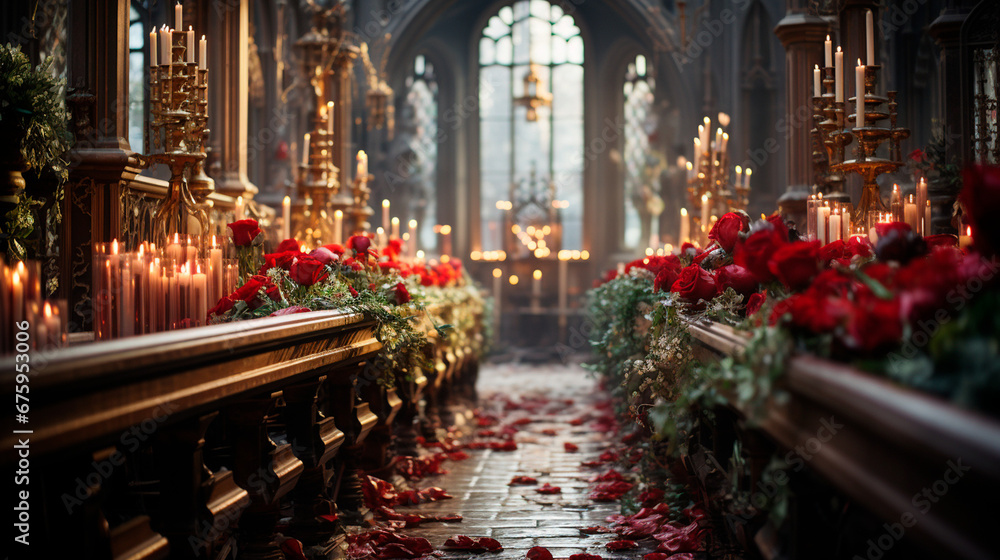 Captivating Decor: Church Beauty with Candles, Poinsettias, and Nativity Scene. Generative AI.