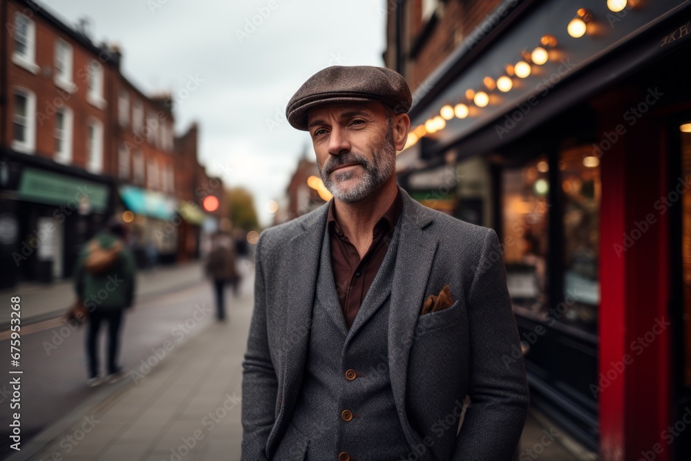 Portrait of a handsome middle-aged man with gray beard wearing a hat and coat walking in the city.
