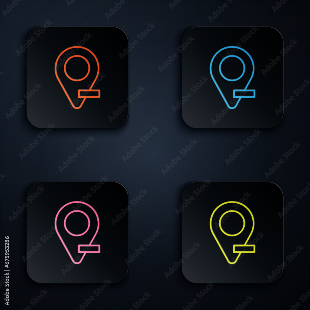 Color neon line Map pin icon isolated on black background. Navigation, pointer, location, map, gps, direction, place, compass, search concept. Set icons in square buttons. Vector Color neon line Map pin icon isolated on black background. Navigation, pointer, location, map, gps, direction, place, compass, search concept. Set icons in square buttons. Vector