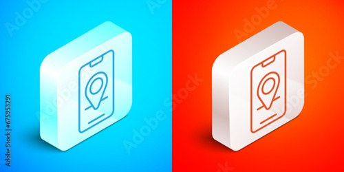 Isometric line Infographic of city map navigation icon isolated on blue and red background. Mobile App Interface concept design. Geolacation concept. Silver square button. Vector