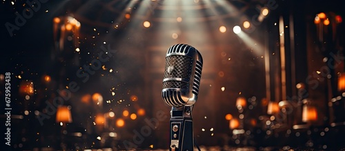 In the background of the vintage themed party surrounded by isolated black and white decor a retro silver microphone stood as a symbol of timeless communication through music at the electrif