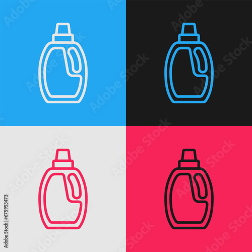 Pop art line Plastic bottle for laundry detergent, bleach, dishwashing liquid or another cleaning agent icon isolated on color background. Vector