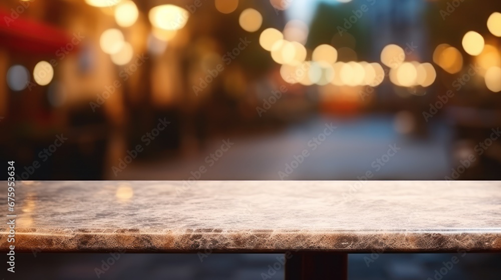 empty table marble blur background of street cafe with bokeh light, Advertisement, Print media, Illustration, Banner, for website, copy space, for word, template, presentation