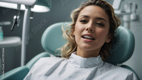 A smiling young woman with open mouth in a dental chair. Examination by the dentist or cosmetic procedure (skin cleaning)