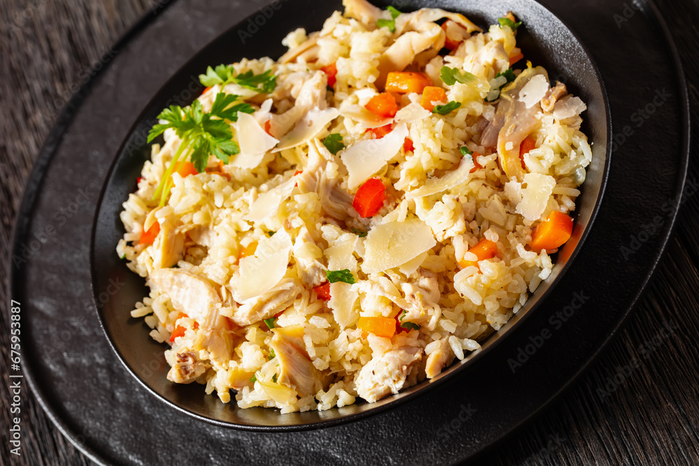 Chicken Fried Rice with vegetables in black bowl
