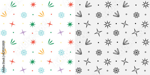 Christmas simple seamless pattern. Vector illustration of stars and snowflakes. Color and black and white New Year background with holiday decorations.