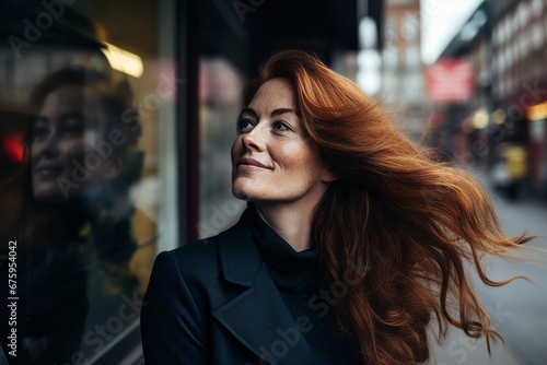 Portrait of a beautiful red-haired woman in a black coat