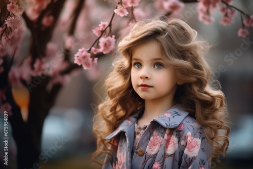 Beautiful little girl with long curly hair on the background of blooming spring garden.