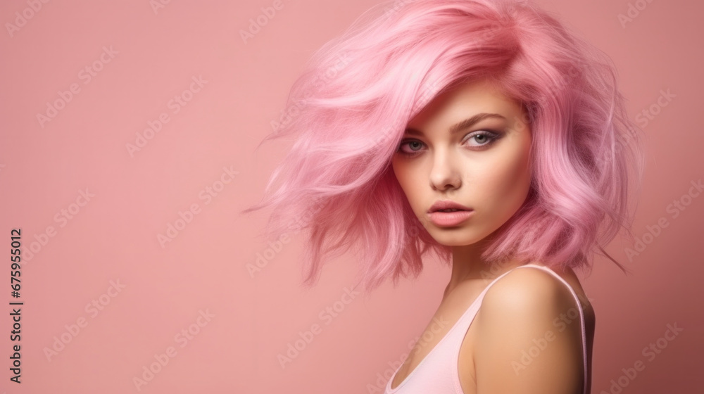 A striking young woman with a bold pink hair color stands out with a captivating gaze against a rose background.