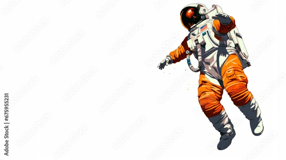 Illustration of an astronaut in an orange space suit floating in space against a white background. banner wallpaper copy space for text