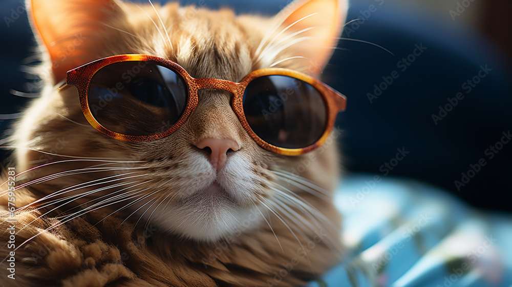 Closeup portrait of funny ginger cat wearing sunglasses. Copyspace Generative AI