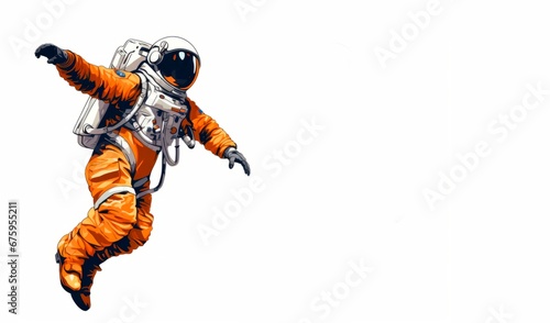 Illustration of an astronaut in an orange space suit floating in space against a white background. banner wallpaper copy space for text © XC Stock