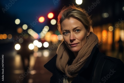 Portrait of a beautiful middle-aged woman in the city at night