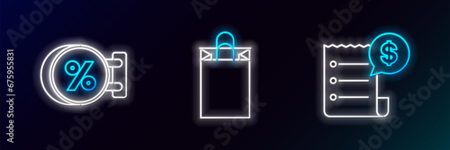 Set line Paper check and financial check, Signboard hanging with inscription discount percent and shopping bag icon. Glowing neon. Vector