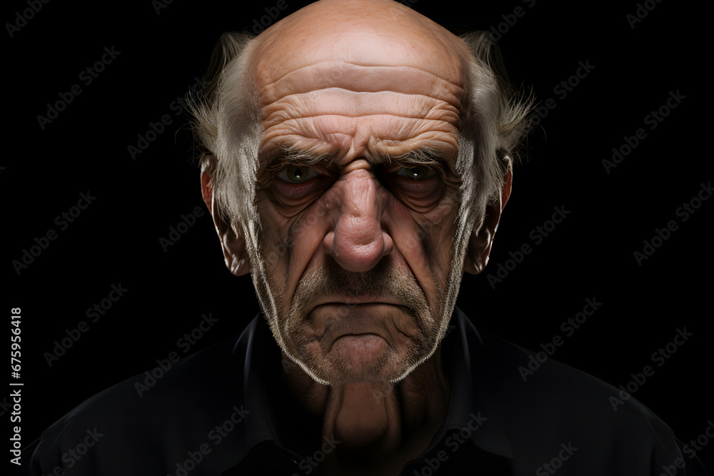 Obraz premium Angry senior Caucasian man, head and shoulders portrait on black background. Neural network generated photorealistic image. Not based on any actual person or scene.