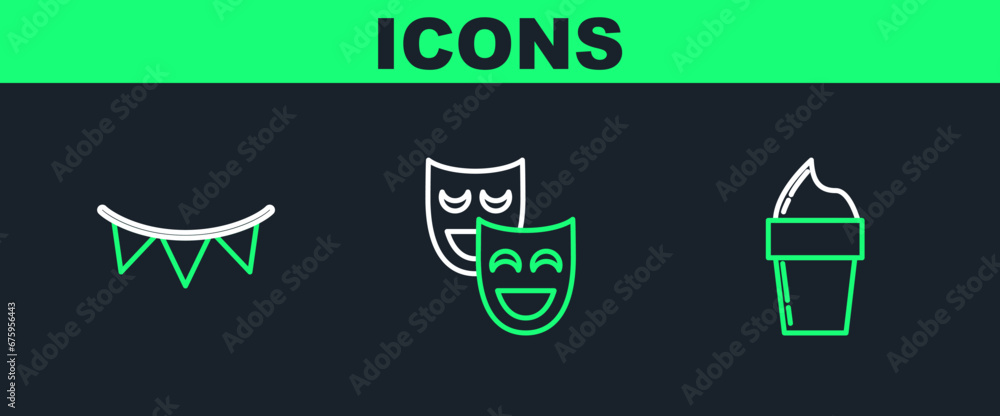 Set line Ice cream in waffle cone, Carnival garland with flags and Comedy theatrical masks icon. Vector Set line Ice cream in waffle cone, Carnival garland with flags and Comedy theatrical masks icon. Vector