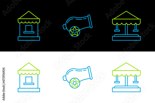 Set line Attraction carousel, Ticket box office and Cannon icon. Vector