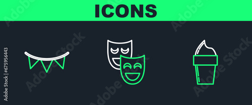 Set line Ice cream in waffle cone, Carnival garland with flags and Comedy theatrical masks icon. Vector