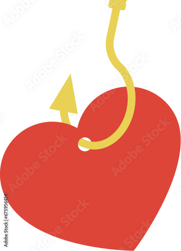 Simple heart shape hooked with fishing hook. Vector isolated trapped heart concept illustration. Catching love sign. Abstract red heart hanged on fishhook.