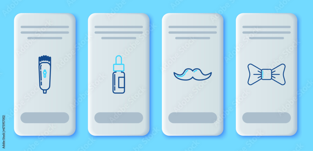 Set line Glass bottle with a pipette, Mustache, Electrical hair clipper or shaver and Bow tie icon. Vector