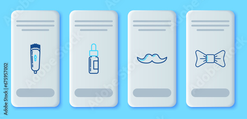 Set line Glass bottle with a pipette, Mustache, Electrical hair clipper or shaver and Bow tie icon. Vector