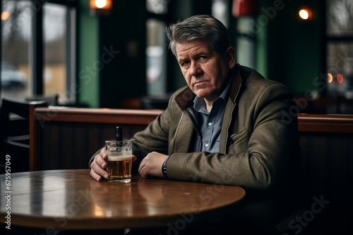 Mature man drinking beer in pub. Alcohol addiction and alcoholism concept.
