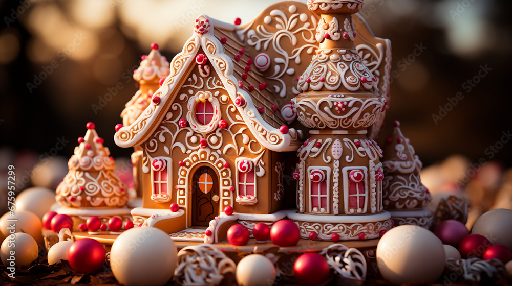 Gingerbread House Delight: Explore an Intricately Designed Confection with Candy Canes, Icing, and Gumdrops for Festive Holiday Magic. Generative AI.